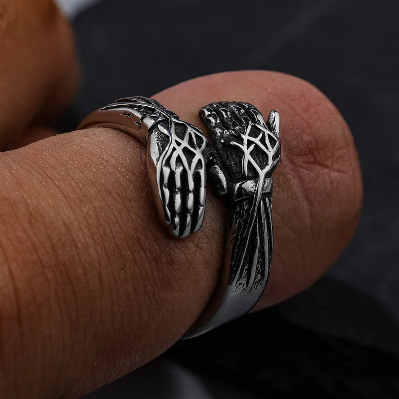 Titanium Steel Gothic Hand Ring for Men – Adjustable Polished Skeleton Style