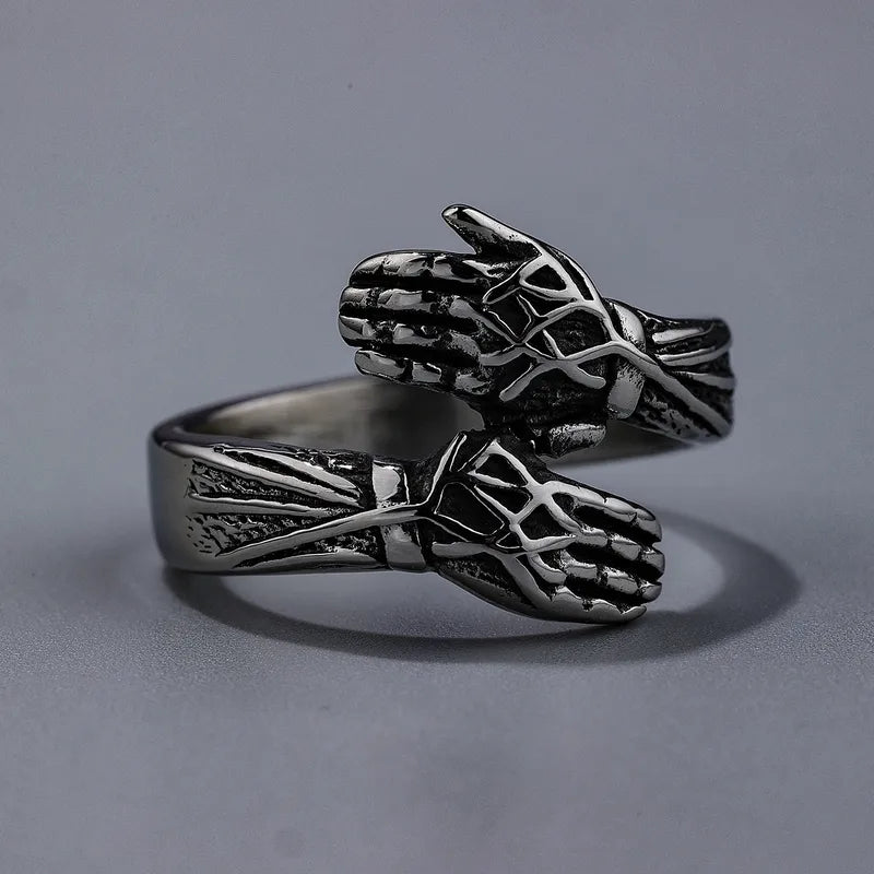 Titanium Steel Gothic Hand Ring for Men – Adjustable Polished Skeleton Style