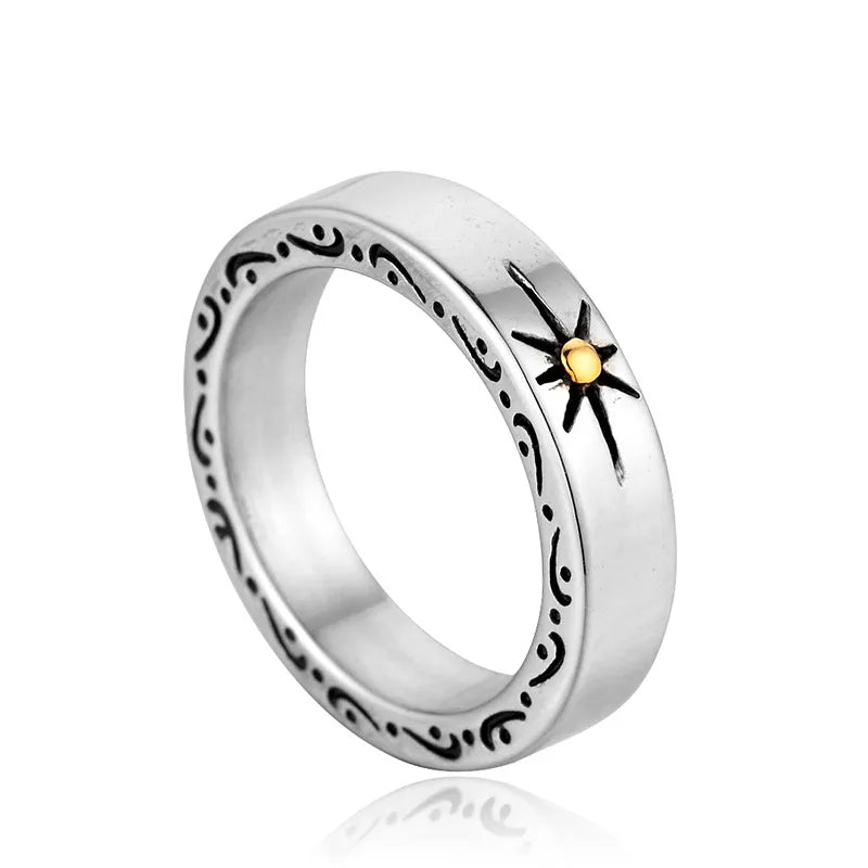 Vintage Sun Symbol Ring – 18K Gold Accent Titanium Steel Unisex Band