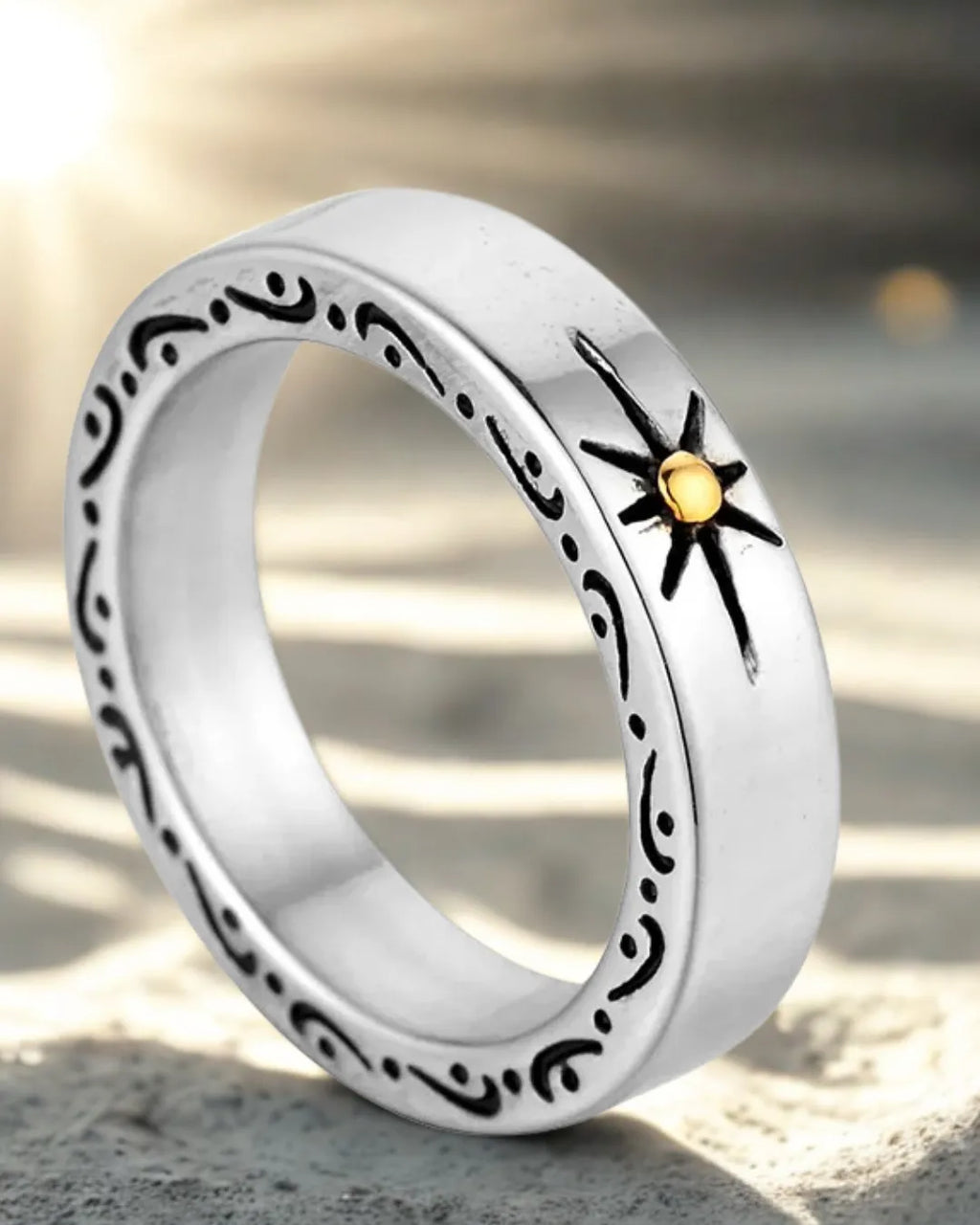 Vintage Sun Symbol Ring – 18K Gold Accent Titanium Steel Unisex Band
