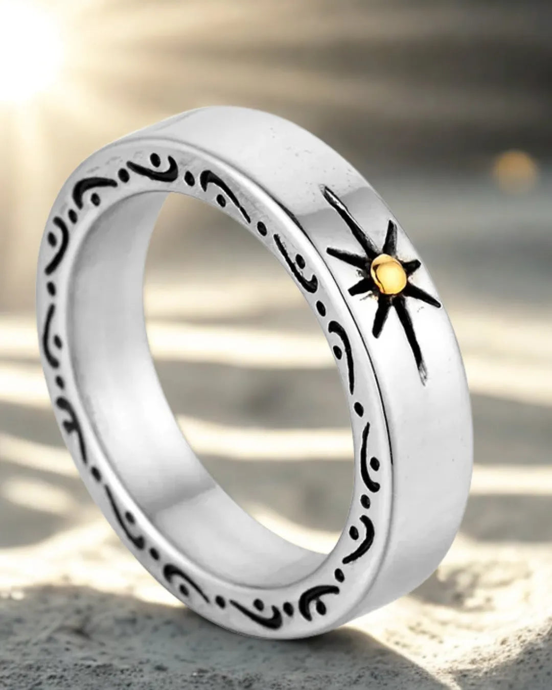 Vintage Sun Symbol Ring – 18K Gold Accent Titanium Steel Unisex Band