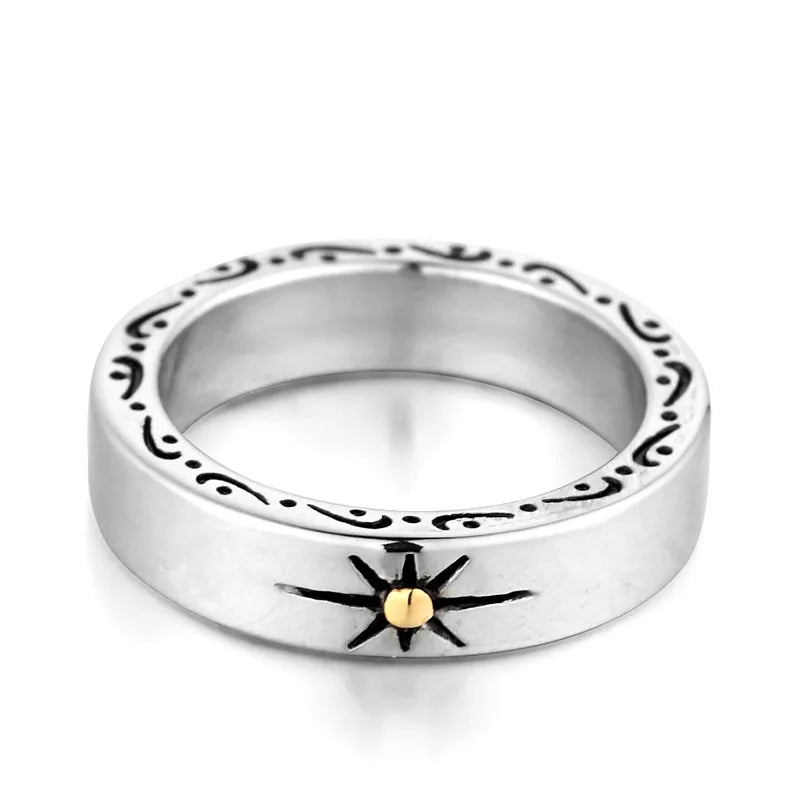 Vintage Sun Symbol Ring – 18K Gold Accent Titanium Steel Unisex Band