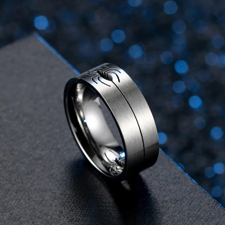 Men's Brushed Stainless Steel Spider Engraved Ring – Bold Streetwear Band