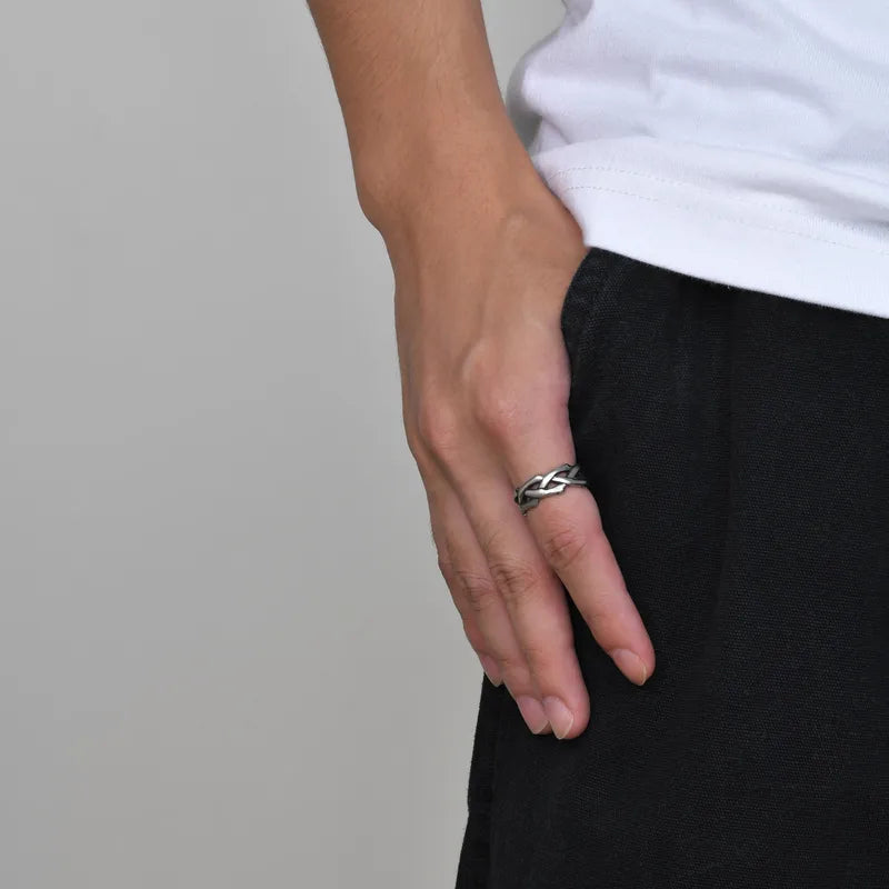 Geometric Titanium Steel Punk Ring for Men – Retro Wide Band Style
