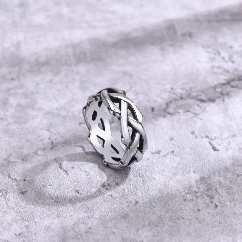 Geometric Titanium Steel Punk Ring for Men – Retro Wide Band Style