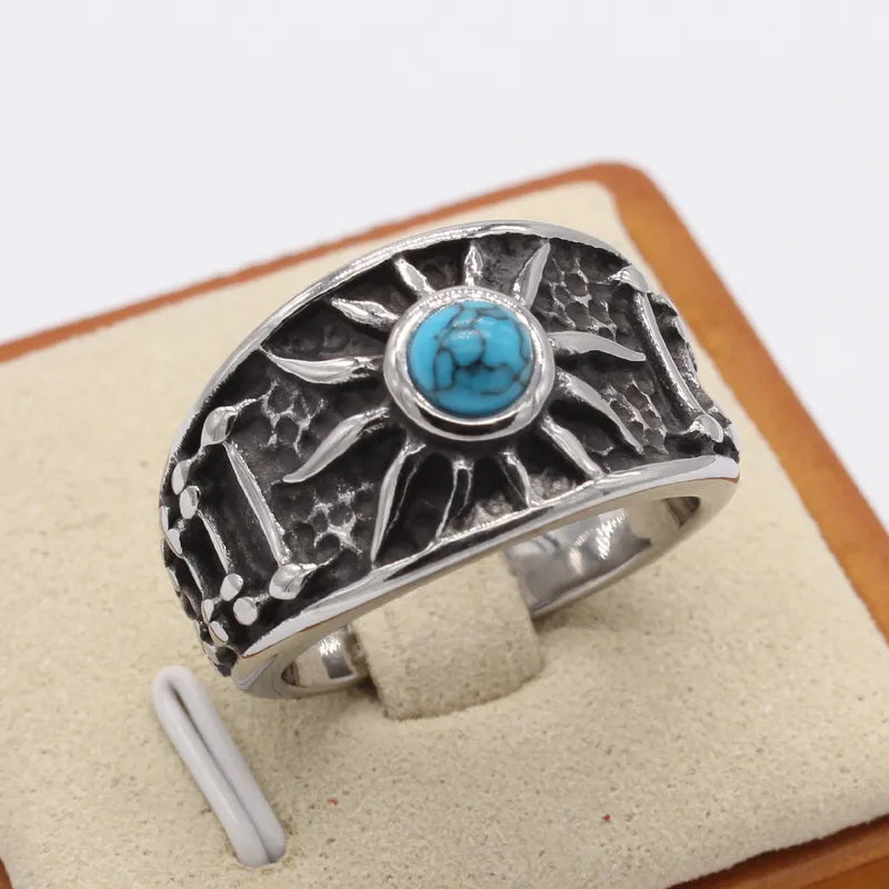 Retro Sunburst Turquoise Titanium Steel Men's Ring
