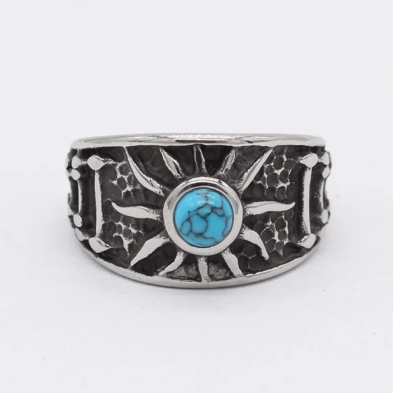 Retro Sunburst Turquoise Titanium Steel Men's Ring