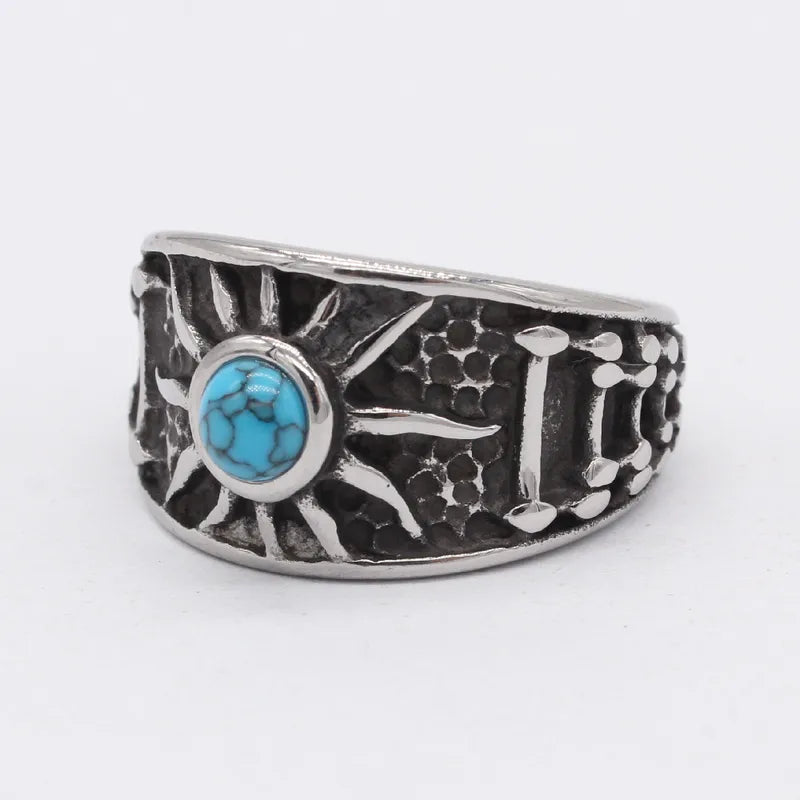 Retro Sunburst Turquoise Titanium Steel Men's Ring