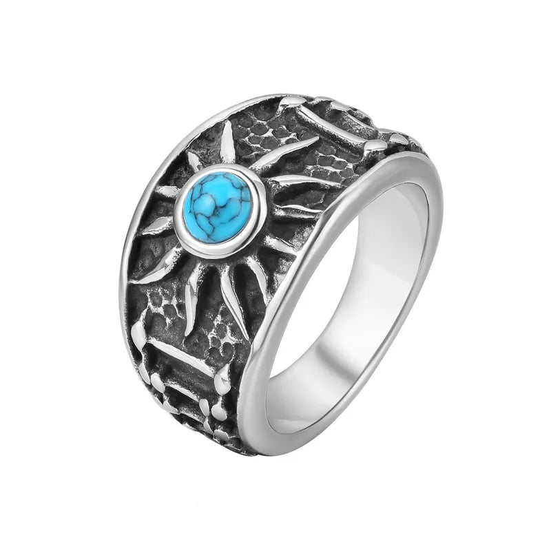 Retro Sunburst Turquoise Titanium Steel Men's Ring
