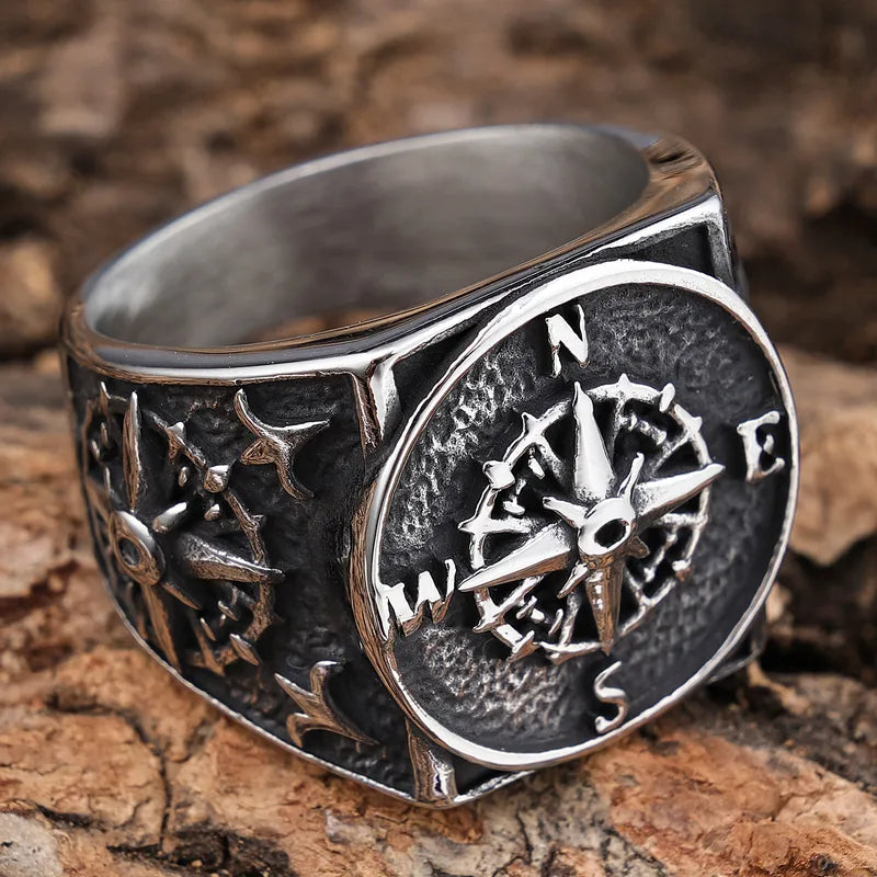 Compass Rose Carved Stainless Steel Men's Ring – Hip-Hop Streetwear Style