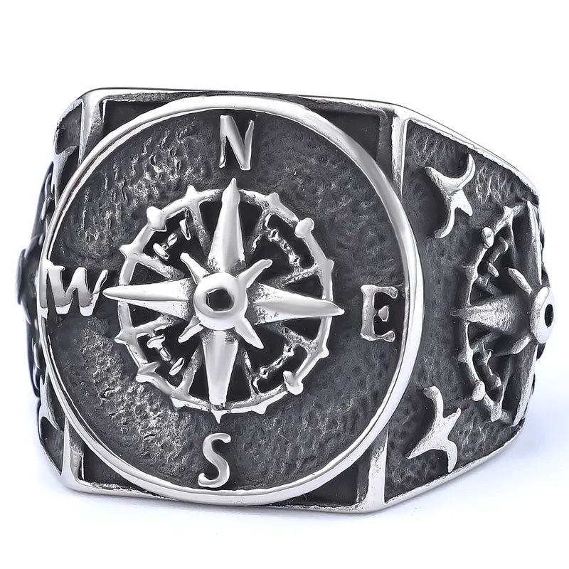 Compass Rose Carved Stainless Steel Men's Ring – Hip-Hop Streetwear Style