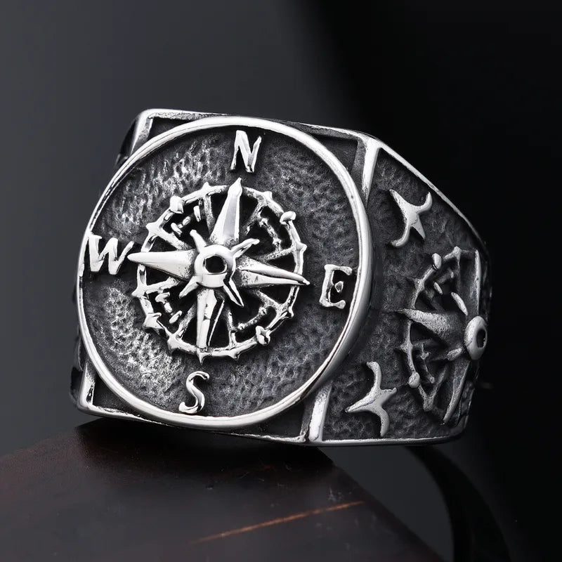 Compass Rose Carved Stainless Steel Men's Ring – Hip-Hop Streetwear Style