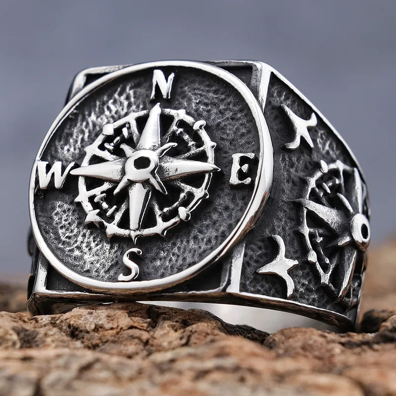 Compass Rose Carved Stainless Steel Men's Ring – Hip-Hop Streetwear Style