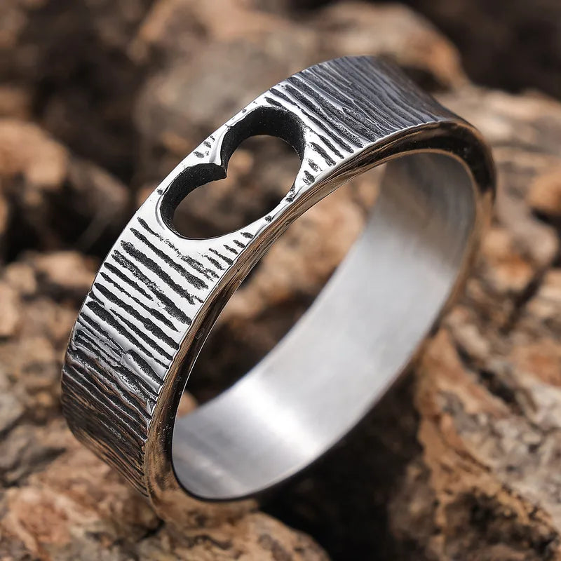 Minimalist Heart Cut-Out 304 Stainless Steel Ring – Rustic Texture Band