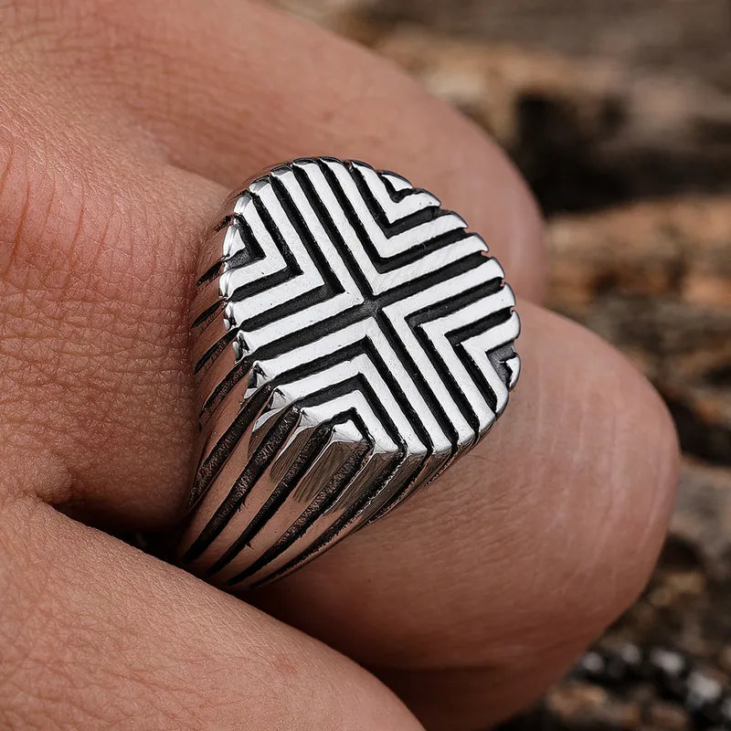 Bold Retro Carved Geometric Stainless Steel Men's Ring – Hip-Hop Statement Style