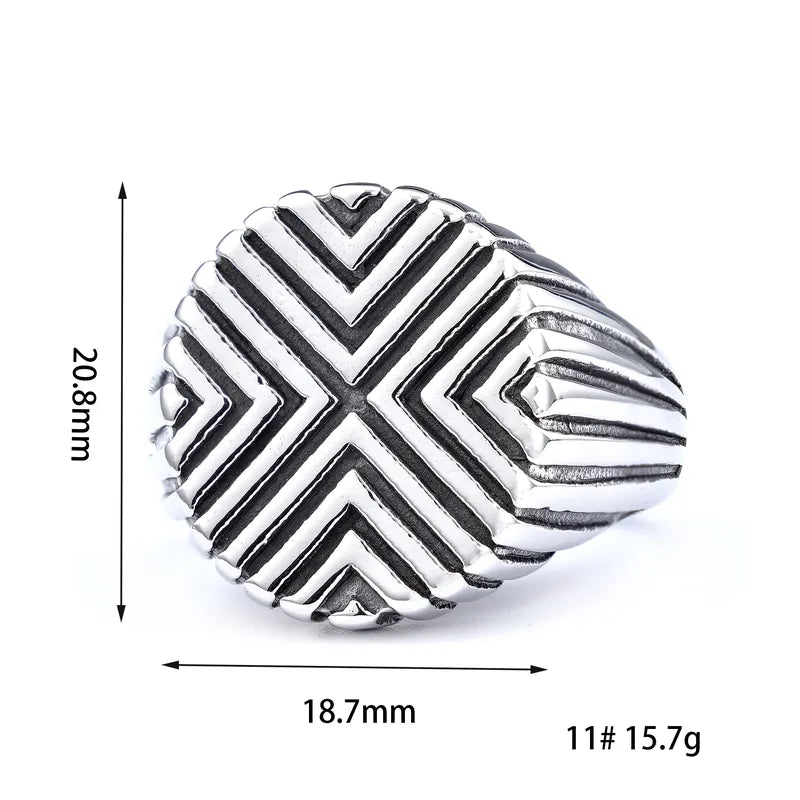 Bold Retro Carved Geometric Stainless Steel Men's Ring – Hip-Hop Statement Style