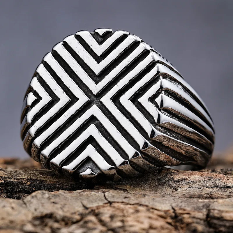 Bold Retro Carved Geometric Stainless Steel Men's Ring – Hip-Hop Statement Style