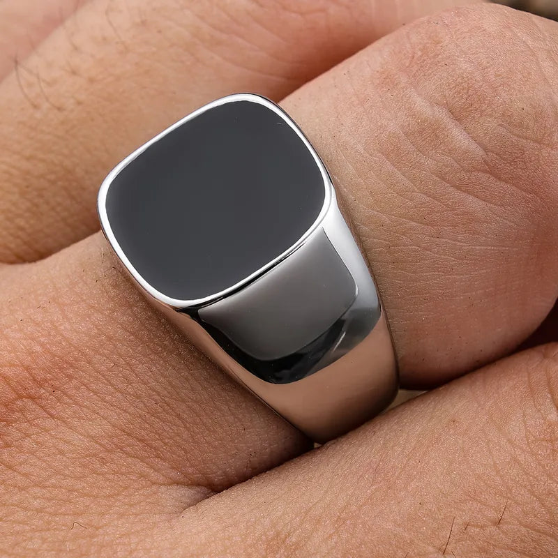 Black Square Signet Ring – 316 Stainless Steel Polished Band (Men’s Minimal Style)