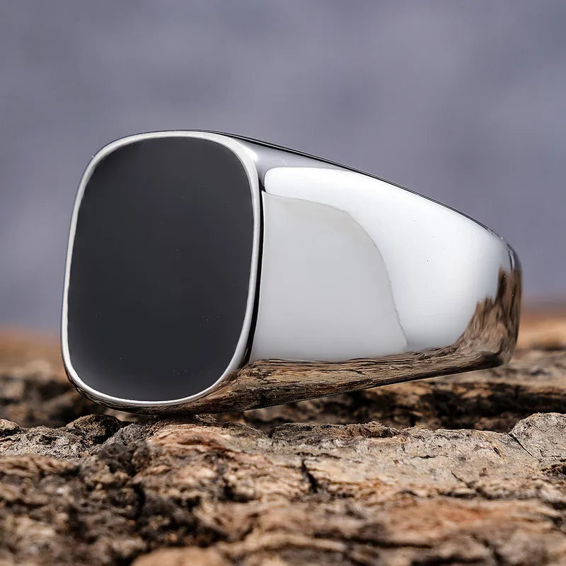 Black Square Signet Ring – 316 Stainless Steel Polished Band (Men’s Minimal Style)