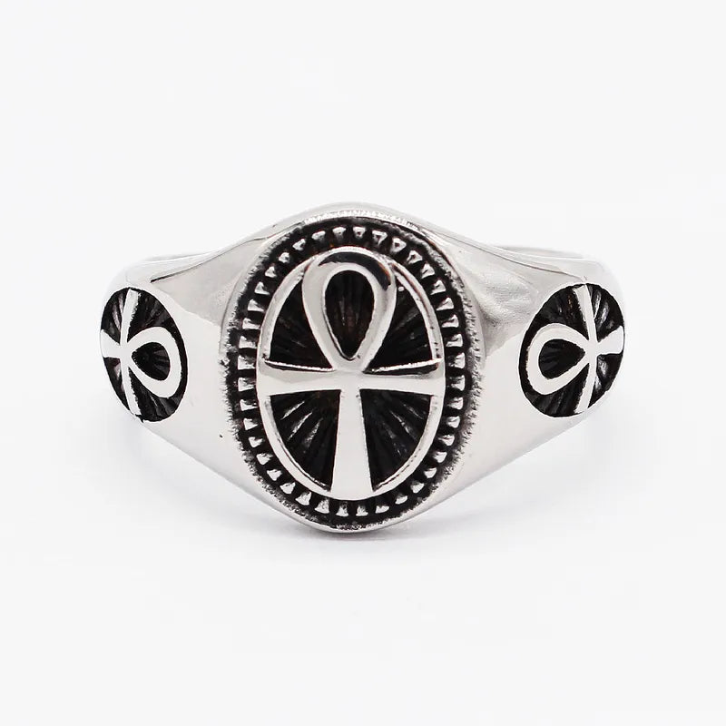 Ankh Cross Signet Ring – 304 Stainless Steel with Retro Finish (Men’s Band)