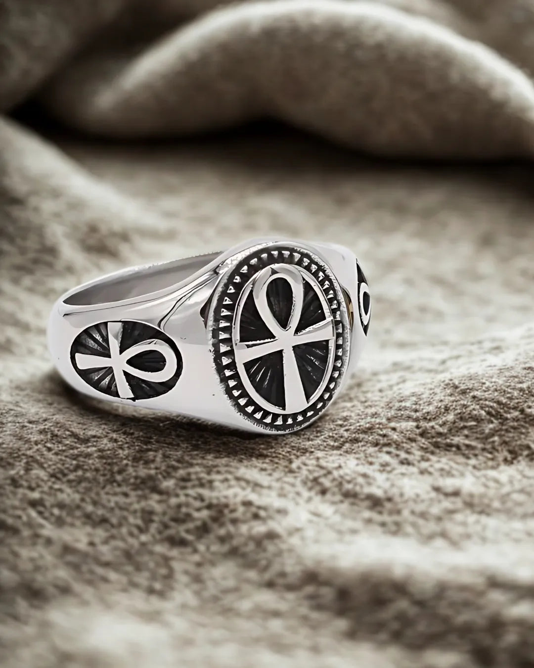 Ankh Cross Signet Ring – 304 Stainless Steel with Retro Finish (Men’s Band)