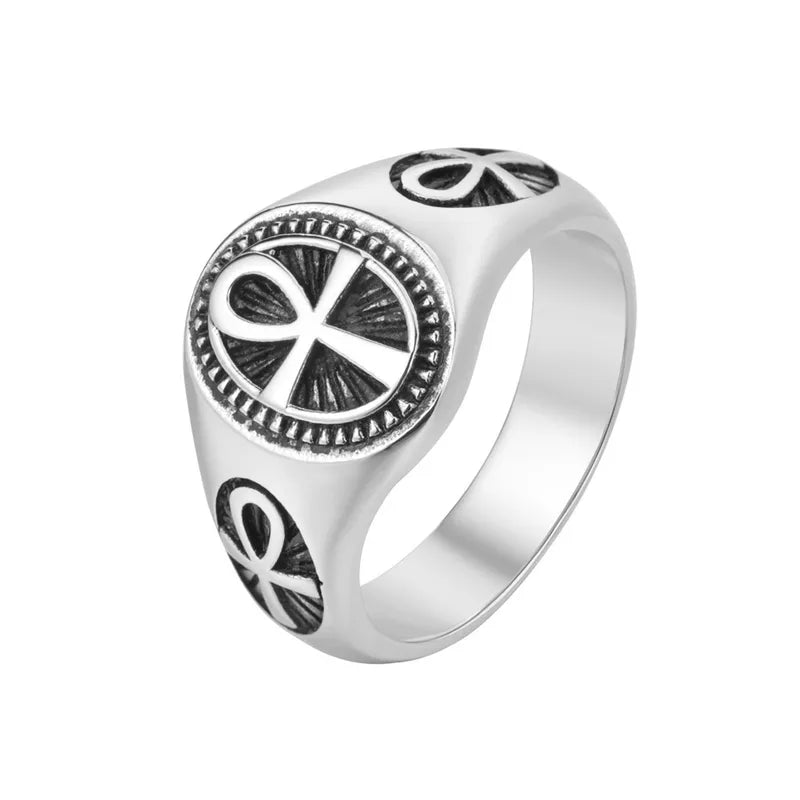Ankh Cross Signet Ring – 304 Stainless Steel with Retro Finish (Men’s Band)