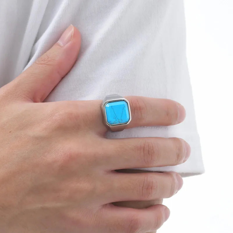 Turquoise Stone Signet Ring – 304 Stainless Steel (Men's Statement Band)