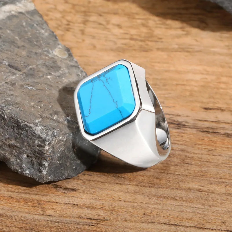Turquoise Stone Signet Ring – 304 Stainless Steel (Men's Statement Band)