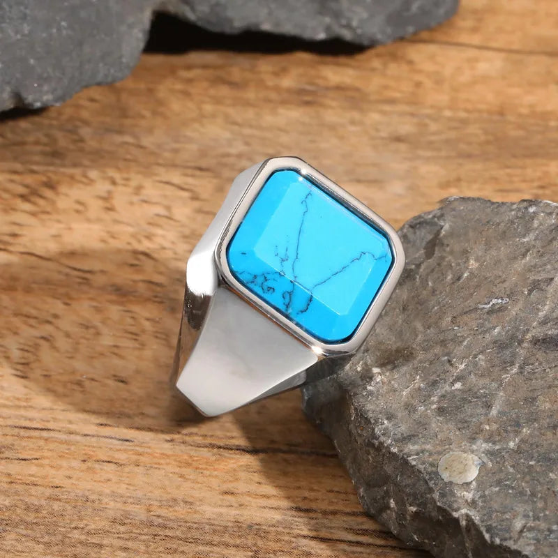 Turquoise Stone Signet Ring – 304 Stainless Steel (Men's Statement Band)