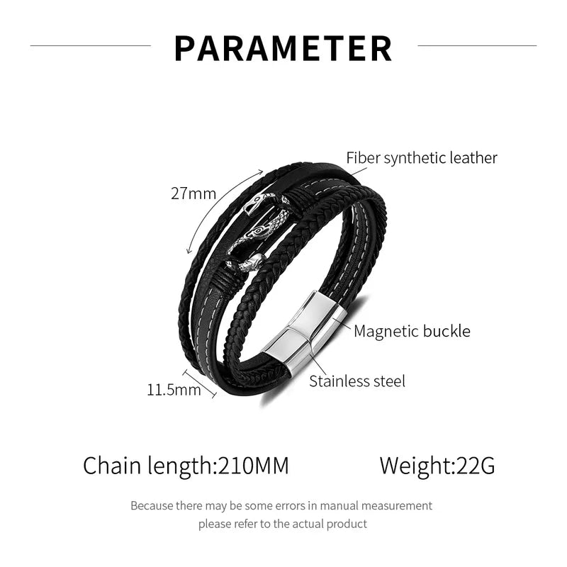 Multi-Layer Black Leather Snake Bracelet for Men – Magnetic Stainless Steel Clasp – 21cm
